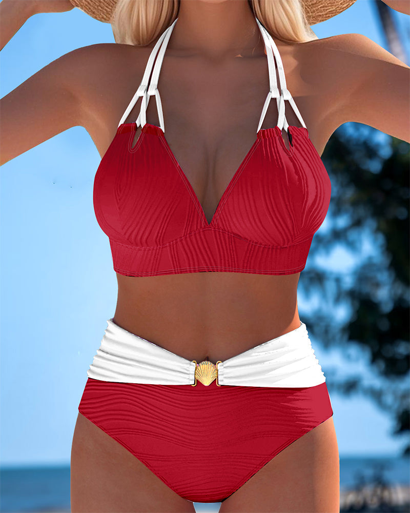 Costum de baie cu bandă dublă, talie înaltă și culoare contrastantă