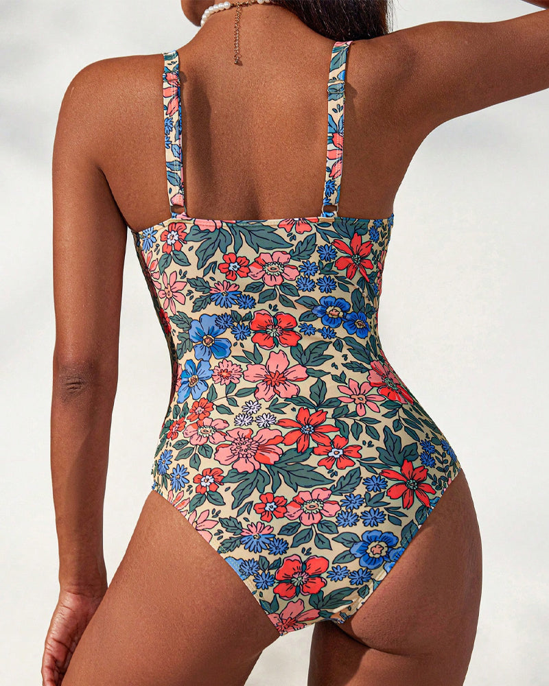 Costum de baie cu guler și imprimeu floral