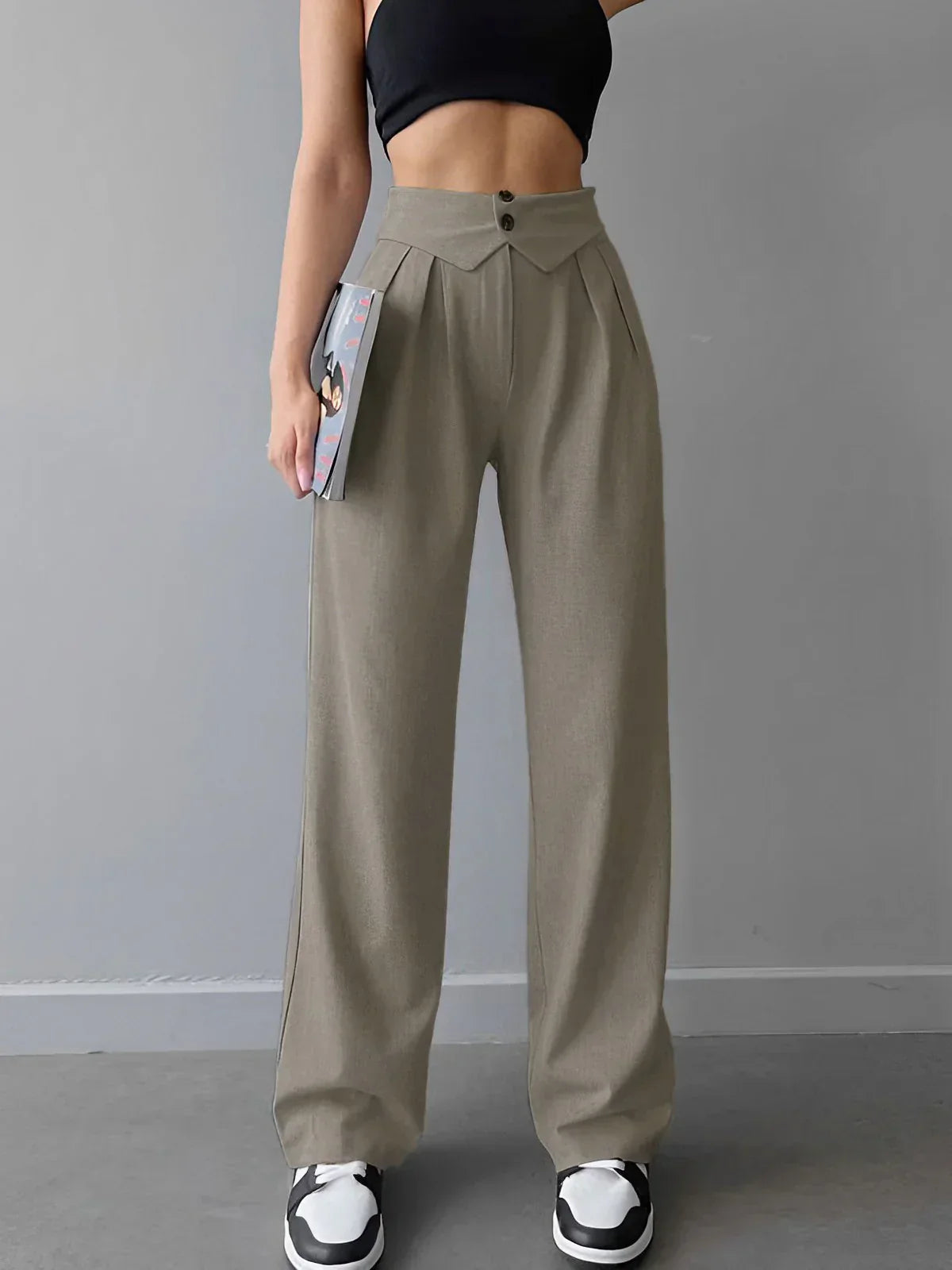 Pantaloni de birou cu talie înfășurată și picior drept