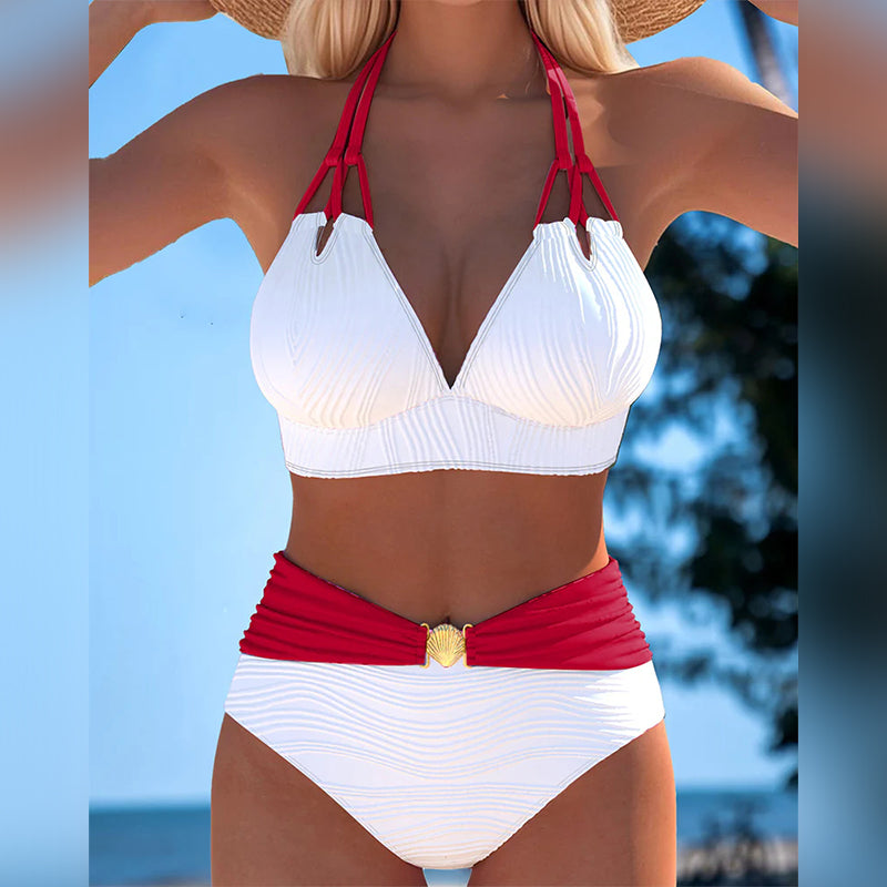 Costum de baie cu bandă dublă, talie înaltă și culoare contrastantă